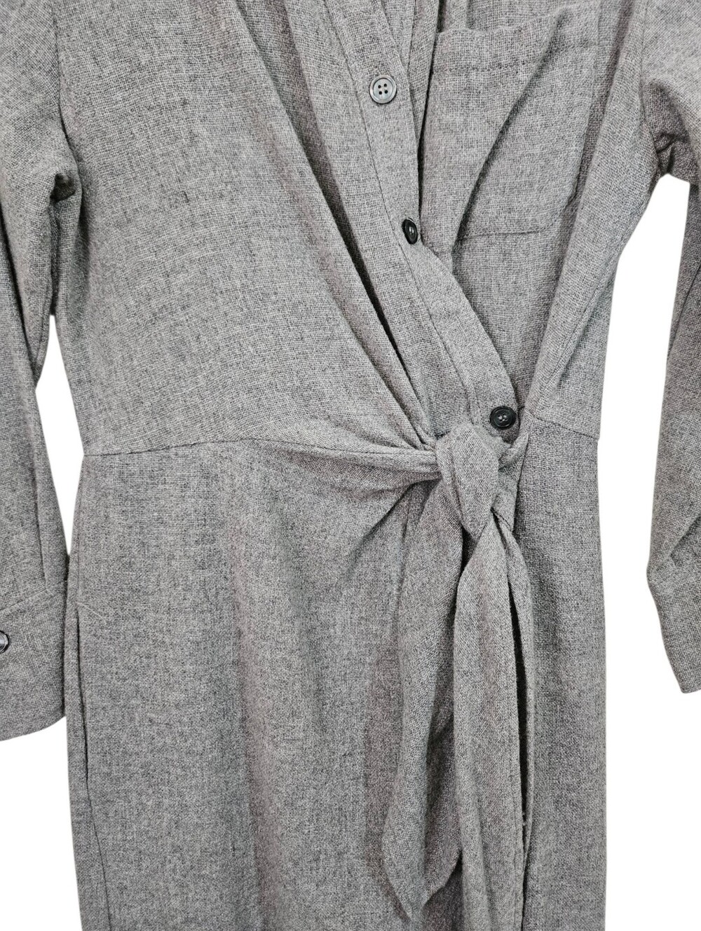 ZARA Wool Blend Heathered Grey Midi Wrap Shirt Dress M Dark Academia Office - Picture 7 of 12